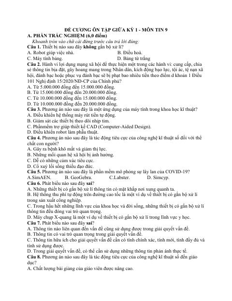Đề cương ôn tập Giữa kì 1 Tin học 9 năm 2024–2025 trường THCS Chu Minh (Hà Nội)